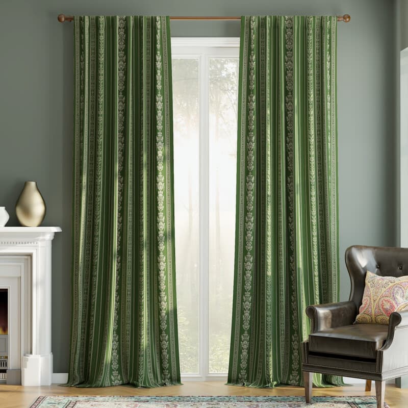 PONY DANCE Gestreepte en Gebloemde Fluwelen Gordijnen met Lussen, Luxe Klassieke Verduisterende en Thermisch Geïsoleerde Gordijnen voor Woonkamer en Slaapkamer, 2 Panelen, B127 x L245 cm, Groen