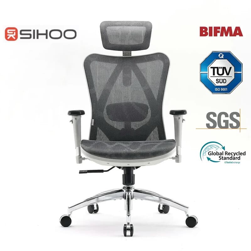 SIHOO M57S ergonomische bureaustoel met mesh, verstelbare lendensteun, 3D-armleuningen en ademende hoge rugleuning (lichtgrijs)