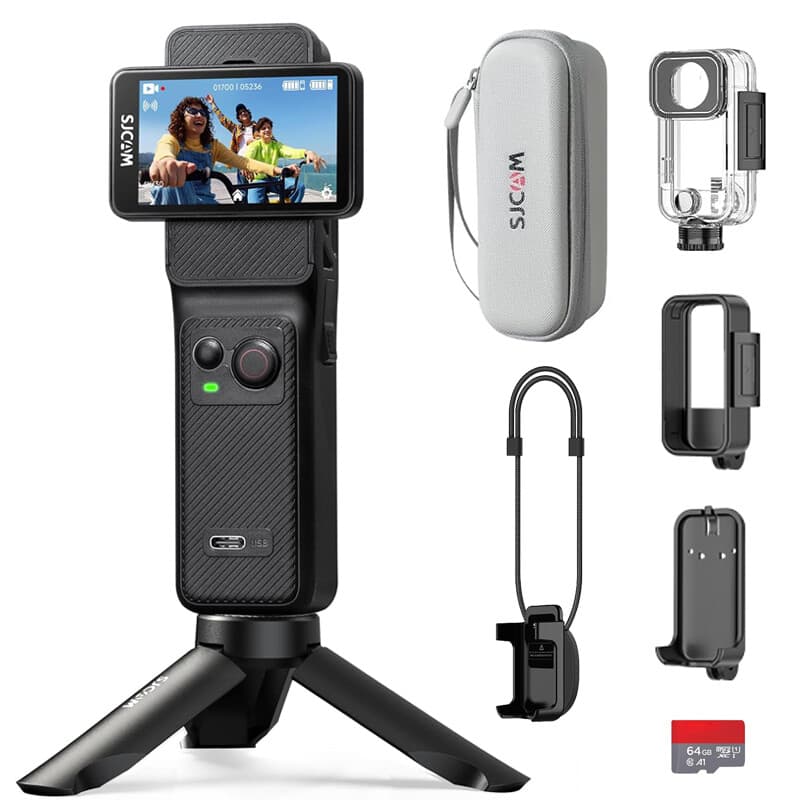 SJCAM C400 actiecamera 4K, 7 uur batterijduur, 6-assige stabilisatie, sportcamera met dubbel aanraakscherm, 30 meter waterdicht, vlogcamera met accessoirepakket, zwart, inclusief 64 GB kaart