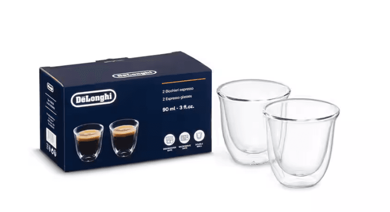 De'Longhi Espresso Glazen, Dubbelwandig Glas Set van 2 90ml, DLSC310, Transparant