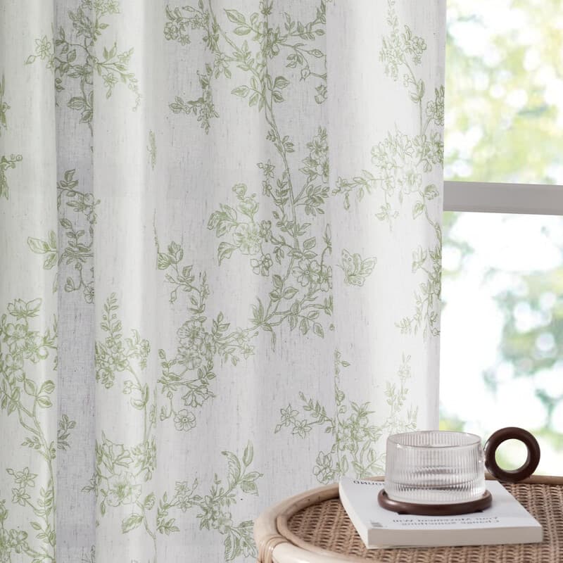 PONY DANCE Bloemen gordijnen voor woonkamer, Semi-transparante linnen gordijnen met botanische wijnstokprint, Achtersteun & stangzak privacy natuurlijke home decor, 2 panelen, B132 x L245 cm, Saliegroen
