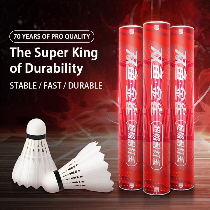 Double Fish JinQue Super King-duurzame badmintonshuttlecocks met gansenvoelers, 12-pack, snelheid 76 - rood