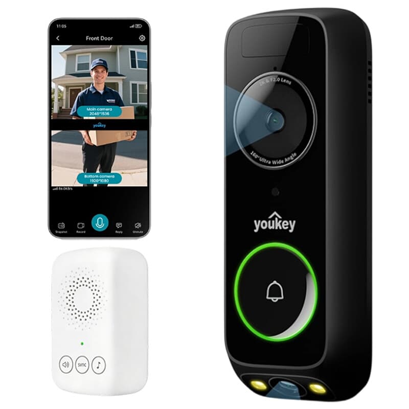 UNIVIEW Youkey DB312 Draadloze Beveiligingsdeurbel met Dubbele Camera en Gongsignaal, 2K Nachtzicht in Kleur, 6400mAh Batterij, 2,4/5 GHz Wi‑Fi 6, Radar- en PIR-Detectie, Bezorgbeveiliging, Detectie van Pakketten, Mensen en Beweging, Tweerichtingsaudio, I