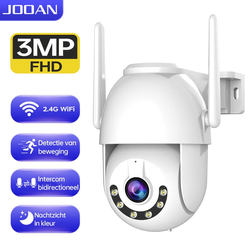 JOOAN 2K Outdoor Security Camera 2.4 G WiFi 360°PTZ Cam voor Home Surveillance IP66 Waterdichte beweging detecteren & Alert geluid alarm Kleur nacht 24/7 Cloud Record / 8-256g kaart Opslag Auto Tracking