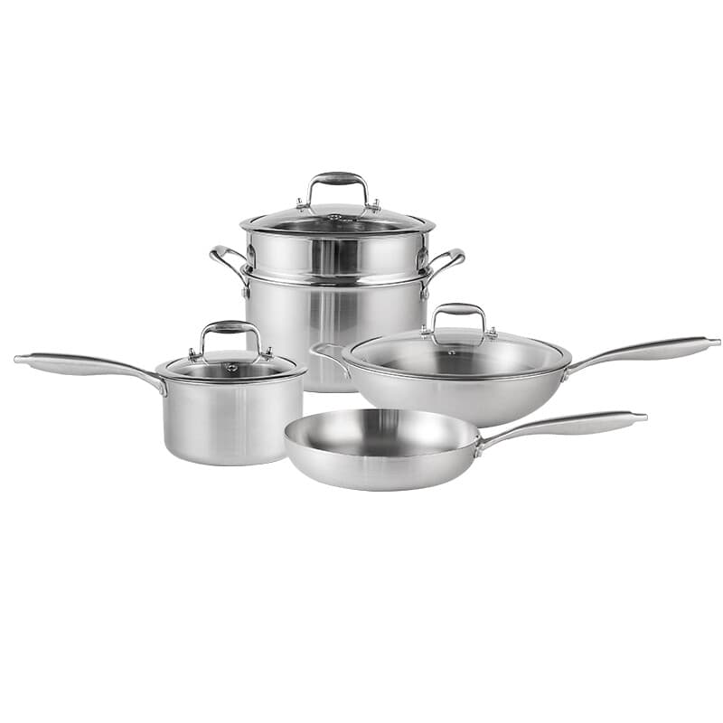 PURE COOK 4-delige set kookgerei van 3-laags roestvrij staal – 34 cm wok van 316 roestvrij staal, 18 cm melkpan van 304 roestvrij staal (met deksel), 24 cm stoompan & soeppan van 304 roestvrij staal (met deksel en stoommandje), 28 cm koekenpan van 304 roe