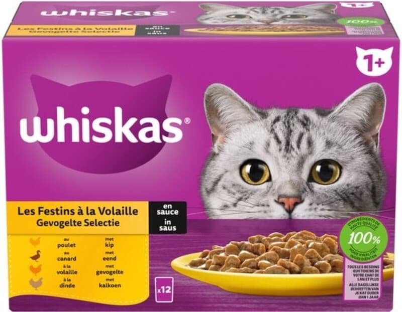 Whiskas Kattenvoer Nat Pouch 1+ Adult Saus Gevogelte Selectie - 12 x 85 gr