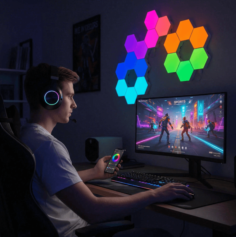 Hexagon LED-pannen, 8 stuks, muzieksync, bediening via app, afstandsbediening, smart home, wanddecoratie voor gaming