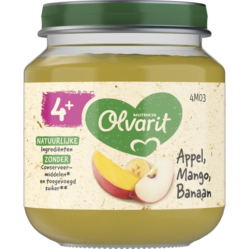 Olvarit fruitpuree met appel, mango en banaan 4M+ 125 g