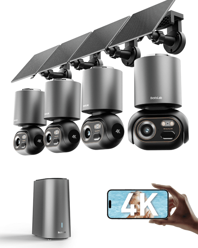 Botslab 4K beveiligingscamera draadloos buiten, 32 GB lokale opslag, 4-cam kit | Geen abonnement vereist, Full color nachtzichtcamera voor huisbeveiliging, 360° PTZ, Op zonne-energie, AI-herkenning, 2,4 GHz wifi