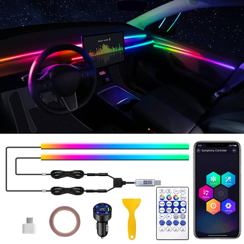 Dreamcolor Acryl Interieur Auto LED Stripverlichting met USB/Type C, RGB 2-in-1 met 110,2 inch LED-strip, Dynamische Muzieksync Neon Sfeerverlichtingsset