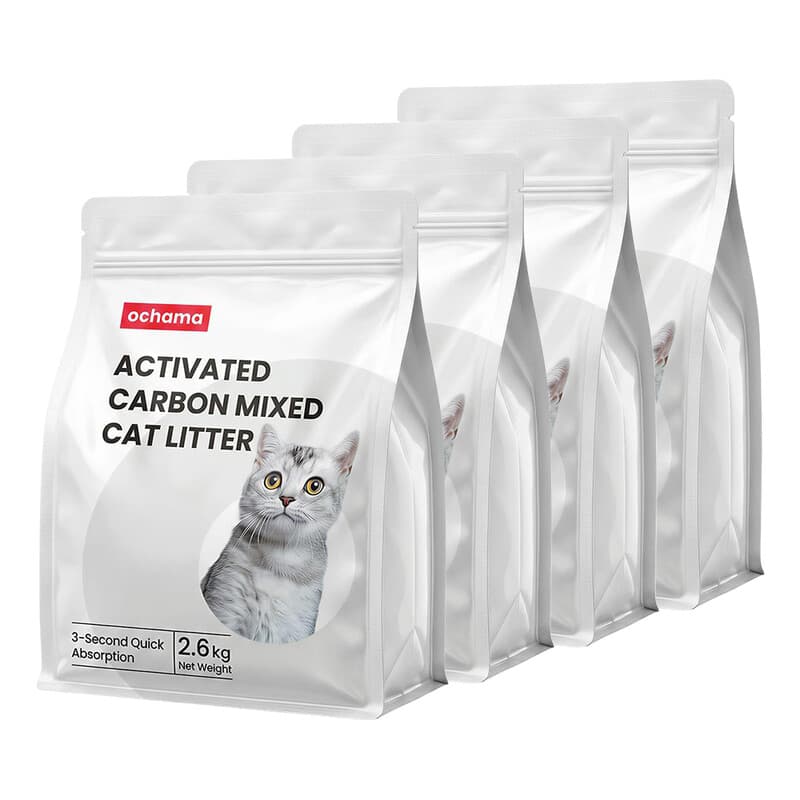 ochama Kattenbakvulling Mix met Actieve Kool en Bentoniet, Dubbele Geurabsorptie, 2mm Snel Klontvormend, Doorspoelbaar in Toilet, Voordeelverpakking 4 x 2,6kg