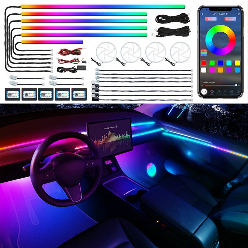 Dreamcolor LED-strip voor de autobinnenkant van acryl met draadloze app, RGB 22-in-1, 175 inch, 600 LEDs, optische vezel, ambilighting-kit, dual-zone geluidsactieve functie