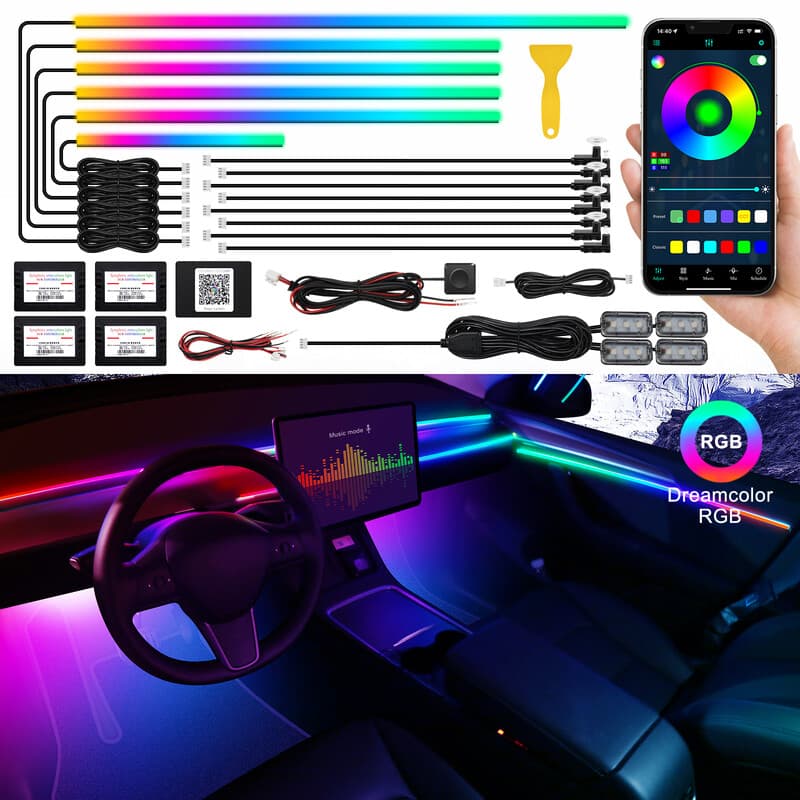 Dreamcolor LED-strip voor de auto, 18-in-1 RGB met 175 inch en 593 LED's, ambilightkit met optische vezels, 16 miljoen kleuren, geluidssensorgestuurde functie, neonlichtjes, bediening via draadloze app