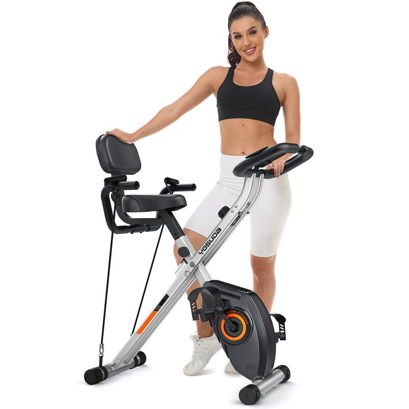 YOSHINO Nieuwe 5-in-1 Opvouwbare Hometrainer, Hometrainer Fiets met App, Weerstandsbanden, Hometrainer Hometrainer Senioren met Ergonomische Zitting, 8/16 Stille Magnetische Weerstand, tot 150 kg