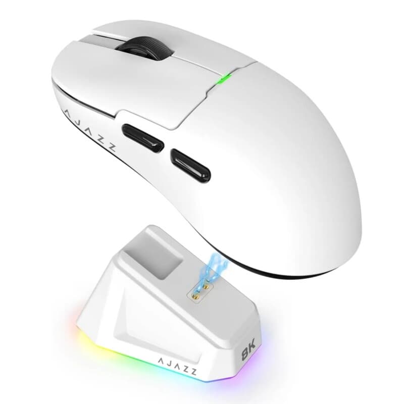 AJAZZ AJ159 PRO draadloze gamingmuis, uitgerust met PAW3395-sensor en magnetische basis, 26.000 DPI, ondersteuning voor 2,4G/USB-C/Bluetooth, 400 mAh batterij, lichtgewicht ontwerp van 56 g, RGB-achtergrondverlichting, wit