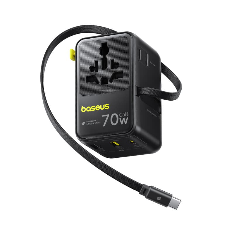 Baseus EnerCore CG11 Reis Converter Plug 2AC+2U+1C+Retractabele Kabel C 70W Zwart