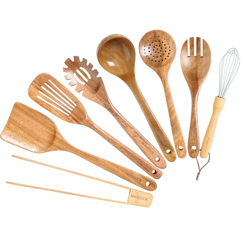 Maxcook 8-delig teakhouten keukengerei-set - Natuurlijk acaciabos non-stick spatel kooklepels, lichtgewicht, handig, gemakkelijk te wassen keukengerei-set houten garde MCCU2358