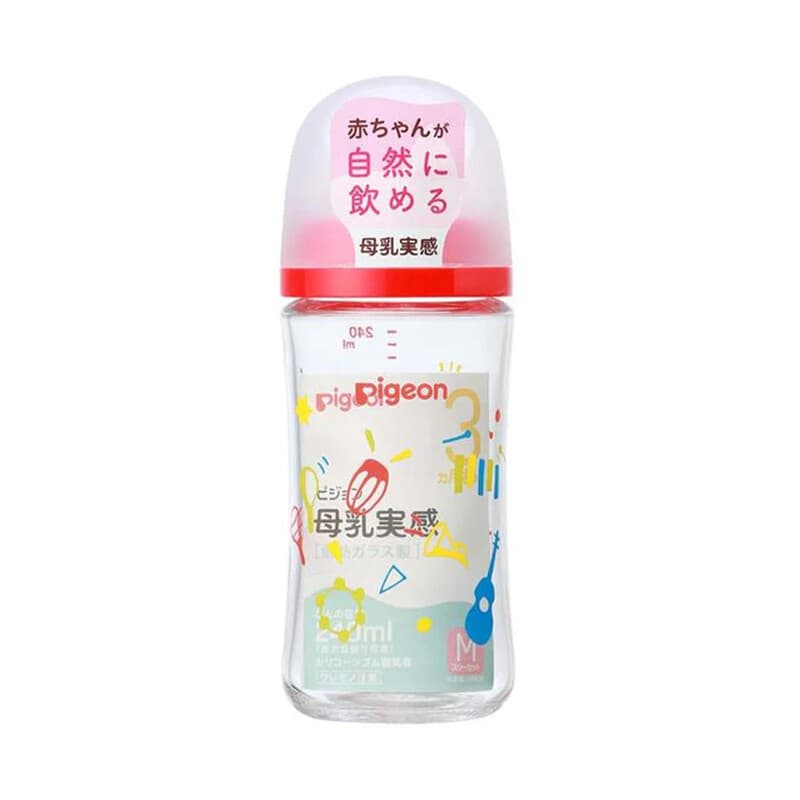 Pigeon 3e generatie babyfles met wijde hals, echte borstvoedingservaring, muziekmotief, thermische glaswand, rood, 240 ml