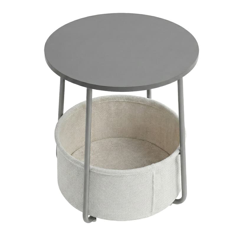 Ochama Ronde Bijzettafel met Stoffen Mand, voor Woonkamer en Slaapkamer, Nachtkastje, Moderne Stijl, Grijs