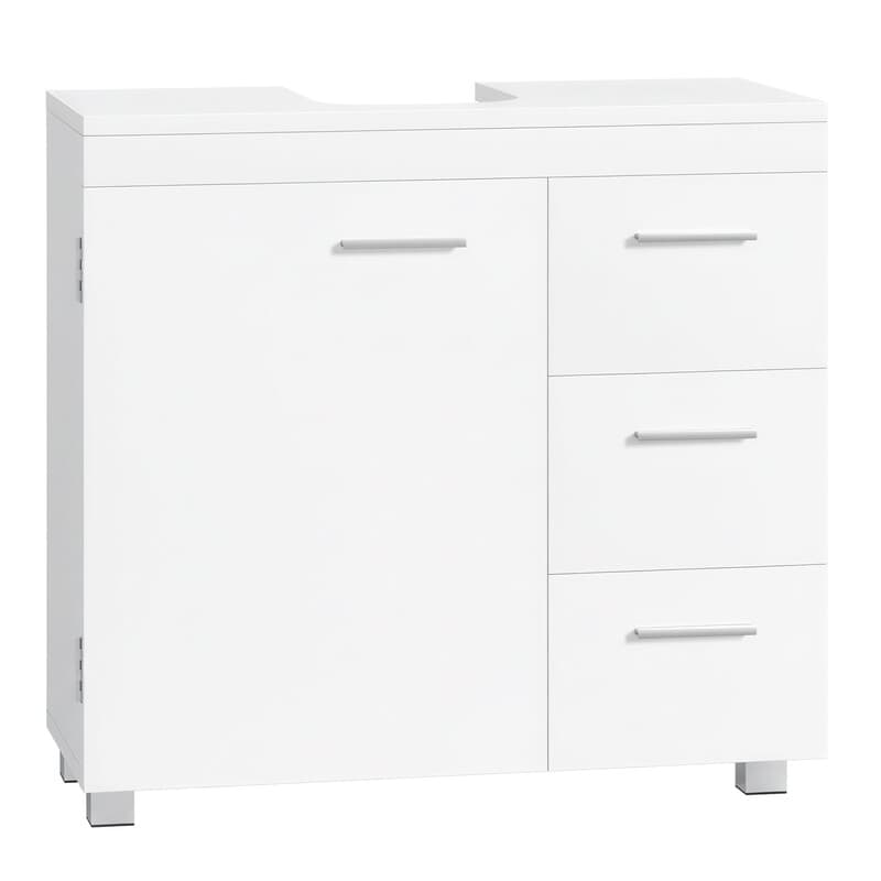 JOYFURNOS Onderwastafelkast voor badkamer, Mat Wit, 30 x 70 x 63,8 cm – opbergmeubel met pootjes, 3 laden en 2 vakken achter de deur, voor wastafels met voetstuk