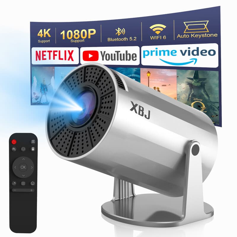 【Lite Entertainment】XBJ draagbare zilveren projector met WiFi 6 & Bluetooth 5.2, slimme mini-projector, 1080p HD (4K-decodering), Android 11-systeem, automatische keystone + 180° draaibaar, 200 ANSI lumen, 40-200" scherm voor slaapkamer/binnen/buiten/thui