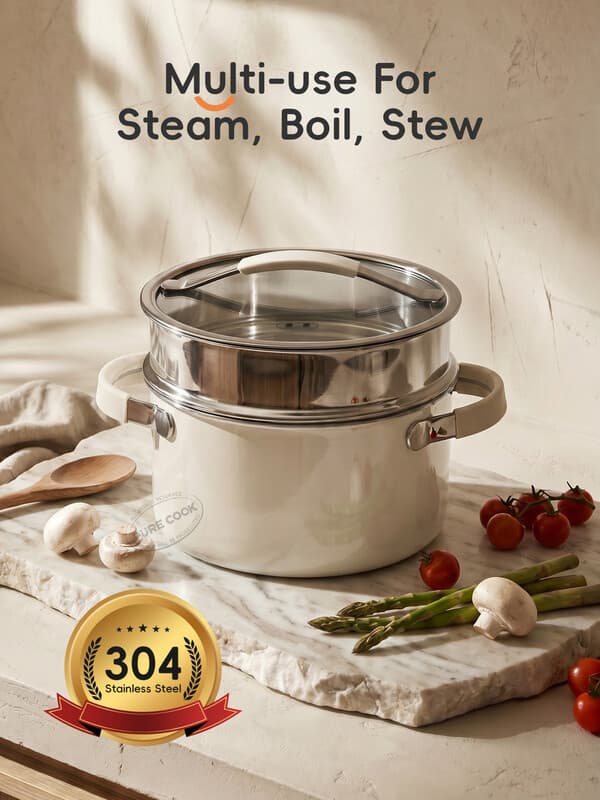 PURE COOK 304-serie stoom- en soeppan | 304 drielaags roestvrijstalen rechte soeppan met stoommand, met deksel in melkstijl staal