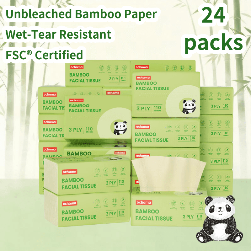 ochama Bamboe Gezichtstissues, 3-Laags, 2640 Vellen (110 Vellen×24 Pakken), FSC-gecertificeerd, Ongebleekt Bamboepulppapier, Familieverpakking