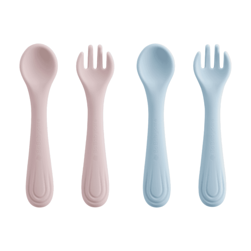 Bc Babycare siliconen vork en lepel, 2-delig, BPA-vrij, roze + blauw