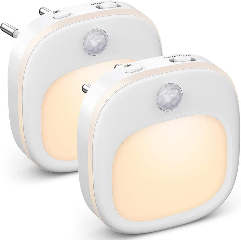 H&S Decoration 2-pack LED-nachtlampjes met bewegingssensor, 3 kleurtemperaturen, 5-traps dimbaar, SMD LED, 1 W, 100-240 V, ABS + metaal, voor slaapkamer, babykamer en hal