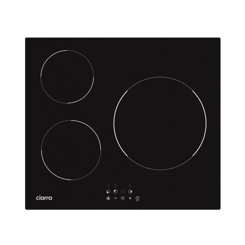 Ciarra 5600 W inductiekookplaat met 3 kookzones, 9 vermogensniveaus, touchbediening en veiligheidsfuncties, CRGBIH3