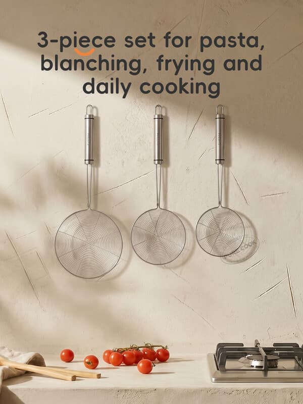 PURECOOK Strainer-serie | 304 roestvrij staal | Skimmer met stalen handgreep | 3-delig set