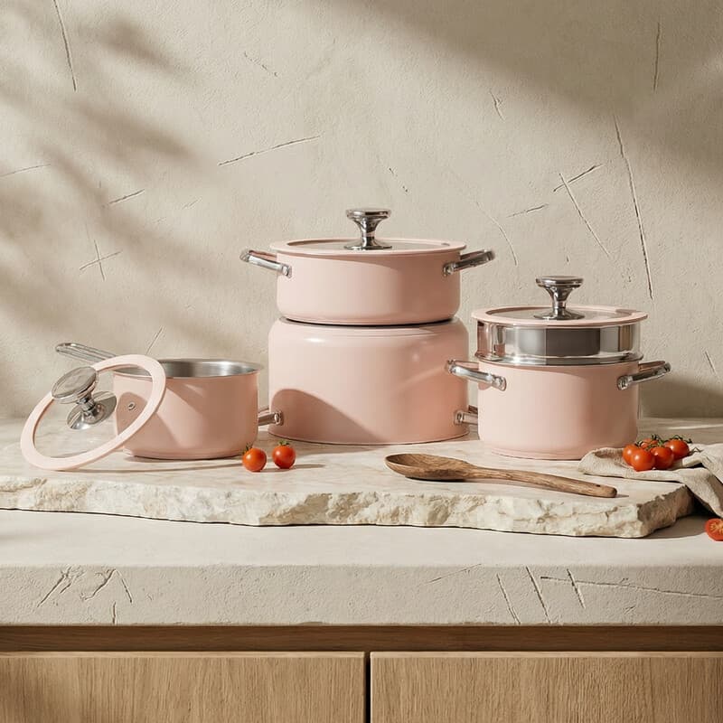 PURECOOK Gekleurde Keramisch Gecoate 304 RVS 4-Delig Kookgerei Set Serie 16cm Melkkoker, 18cm Soepketel met Stoommandje, 22cm Hot Pot, 24cm Bouillonketel - Roze Keramische Coating, Meervoudig Bodem, Warmtegeleidende Siliconglas Deksel, 304 RVS
