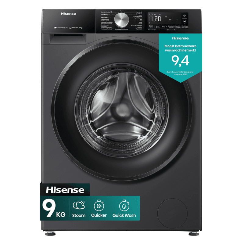 Hisense 3S Serie WF3S9043BB3 - Zwarte Wasmachine met Energielabel A -30% - 9kg - 72dB (A) - Steam Wash -1400 toeren - Power Wash 49' - ConnectLife - Inhoud Trommel 60 Liter