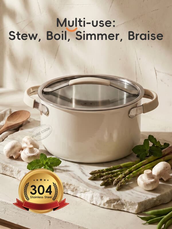 PURE COOK 304-serie soeppan | 304 tri-ply roestvrijstalen rechte soeppan met deksel van melkstijl staal