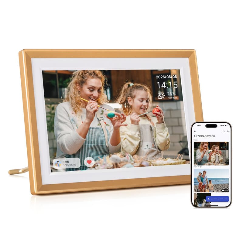 ARZOPA D10 metalen digitaal fotolijstje 10,1 inch, gratis cloudopslag, WiFi-fotolijstje, digitaal HD-touchscreen, zonder abonnement, deel foto's en video's, individueel wenskaartje om cadeau te geven - D10 Gold