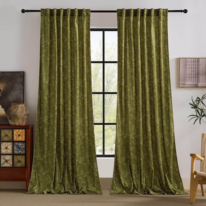 PONY DANCE Gebloemde Velvet Gordijnen met Achterlussen, Thermisch Geïsoleerd en Lichtdoorlatend, voor Slaapkamer/Woonkamer, 2 Panelen, B127 x L245 cm, Olijfgroen