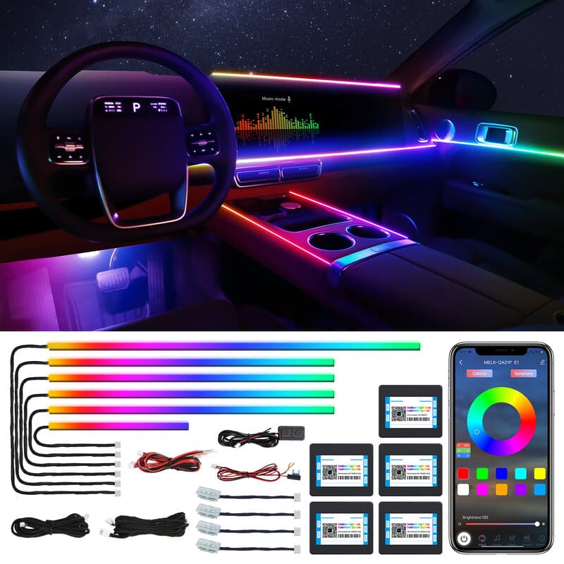 DC LED-strips voor auto-interieur met draadloze app-bediening, RGB 18-in-1, 175 inch, 593 leds, glasvezel, neon auto-ambiente-verlichting, dynamische chasing en muzieksynchronisatie, kits
