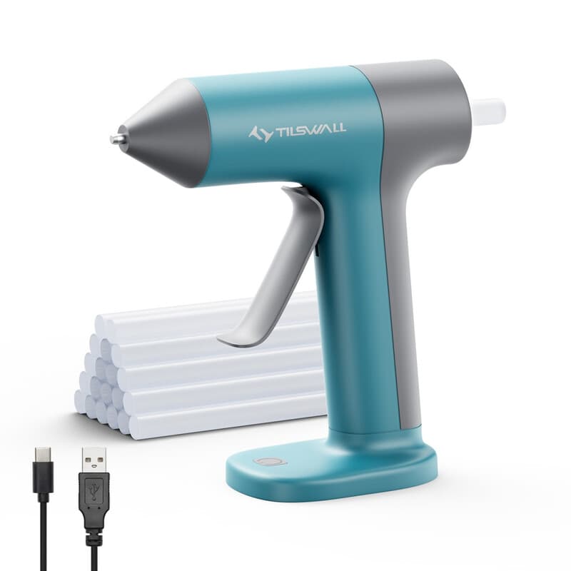 TILSWALL draadloze mini-lijmpistool, USB-C oplaadbaar, 30 seconden snelle opwarming, anti-druppelmondstuk, inclusief 20 stuks 7 x 140 mm lijmsticks, Blauw