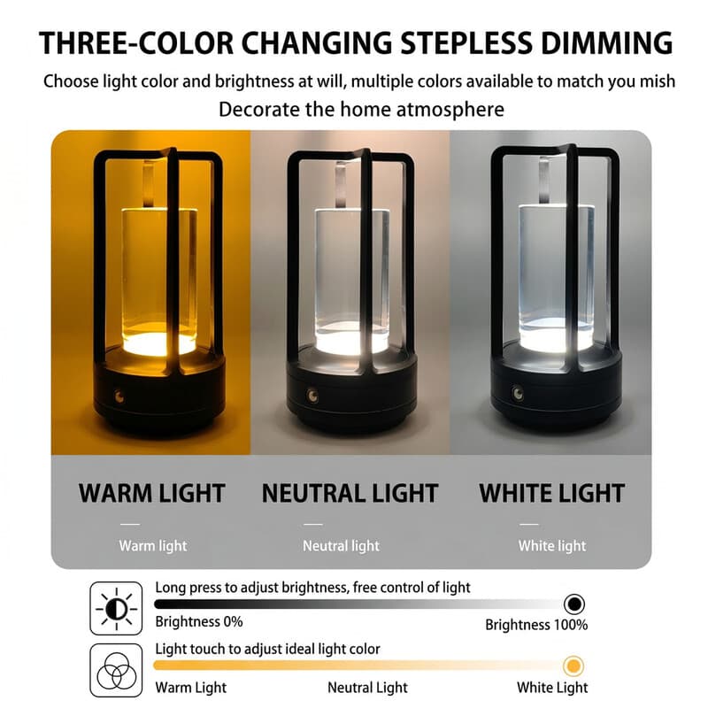 Schwarze Tischlampe tafellamp van ABS en metaal, zwart, 3 lichtstanden (warm/koud/neutraalwit), dimbaar – ideaal voor tuinavonden en een gezellige sfeer