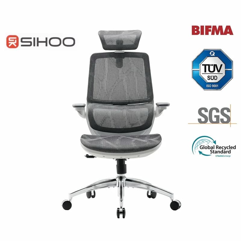 SIHOO M59S ergonomische bureaustoel, bureaustoel met 3D-gecoördineerde opklapbare armleuningen, computerstoel met dual-back-ontwerp en adaptieve dynamische lendensteun, grijs