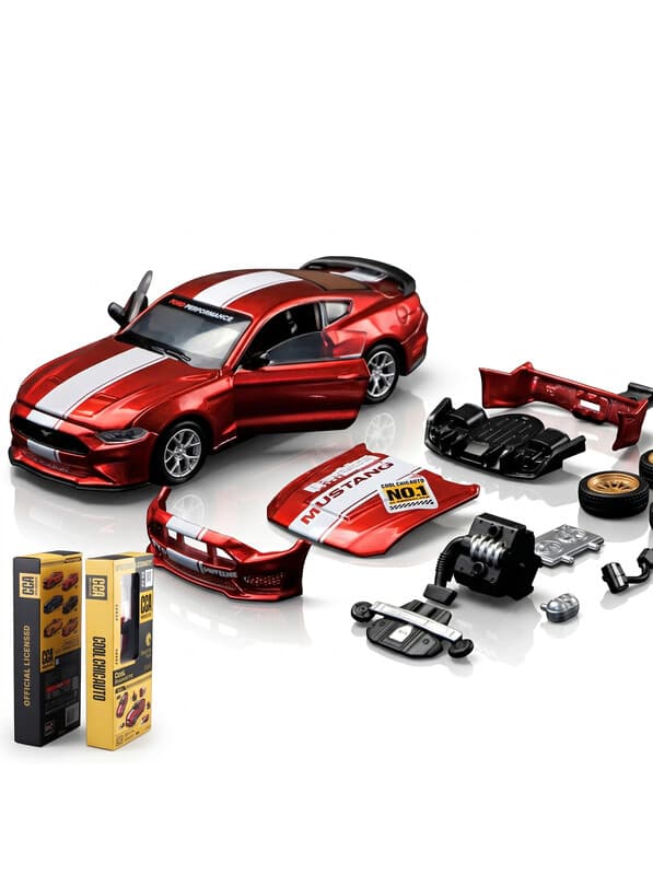 CCA1:42 2018 Ford Mustang GT Classic Red schaalmodelauto – doe-het-zelfkit, met openslaande deuren en verwisselbare onderdelen; een verzamelobject en display-speelgoed