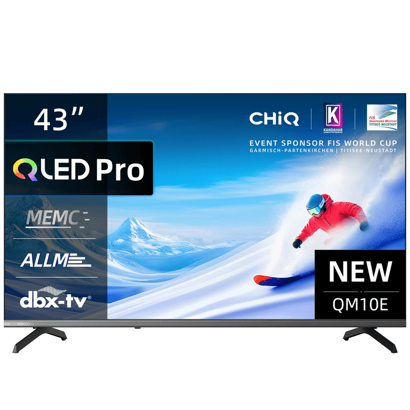 CHiQ U43QM10E 43 inch 4K Ultra HD QLED smart tv met smart Google TV, HDR10, VRR&ALLM, ultradun metaalrandloos ontwerp, Dolby Audio, triple tuner (DVB-C/T/T2/S/S2) en dual-band wifi.
