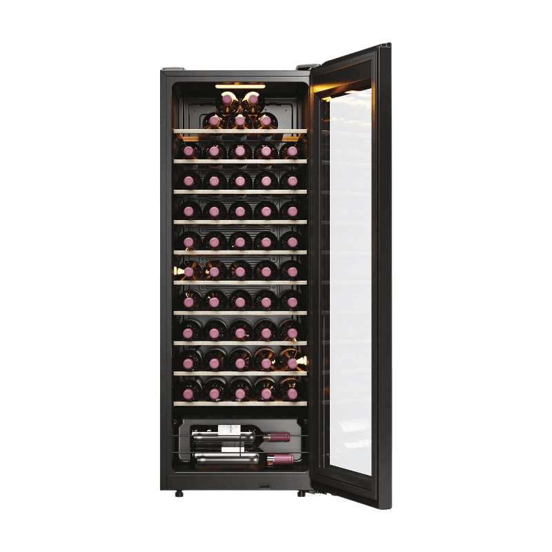 Haier HWS58GGH1 vrijstaande wijnkoelkast – capaciteit voor 58 flessen, wifi, deur met UV-glas, LED-display, zwart
