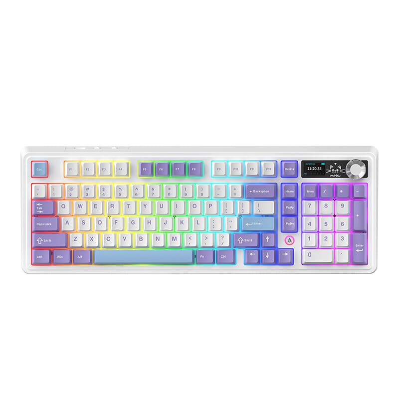 AJAZZ AK980 V2 draadloos mechanisch toetsenbord, 98% QWERTY-indeling, hot-swap gamingtoetsenbord met volumeknop en TFT-scherm, 10000 mAh batterij, bedraad/Bluetooth/2,4G, RGB-verlichting - Gift Switch V2/Sea Salt Purple