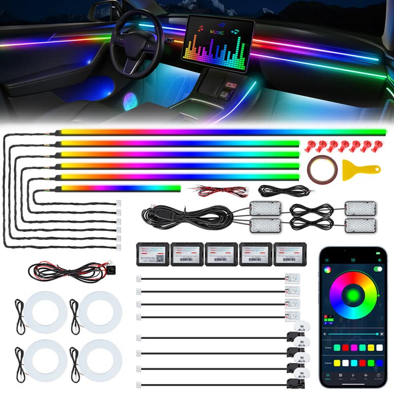 Dreamcolor acryl LED-stripverlichting voor auto-binnenkant met draadloze app, RGB 22-in-1, 175 inch, 593 LEDs, lichtgeleidende glasvezel-ambilightkit, 16 miljoen kleuren en geluidsactieve functie, neonlicht
