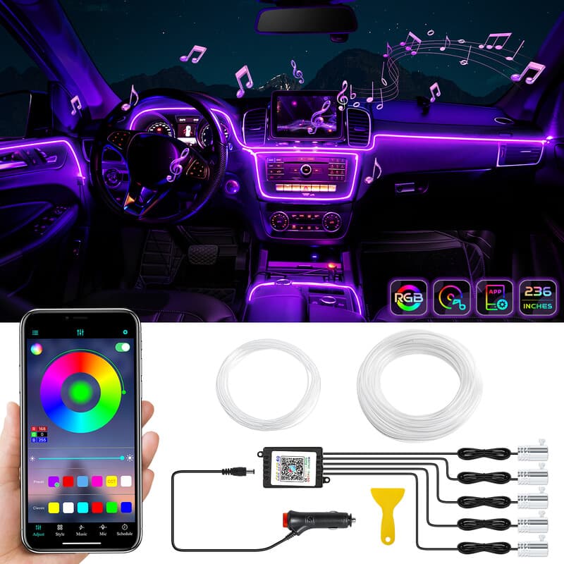 Acryl interieur LED-stripverlichting voor auto met draadloze app, RGB Dreamcolor 6-in-1 met 175 inch 593 LED’s vezeloptische sfeerverlichting, 16 miljoen kleuren en geluidsgestuurde neon autolampen