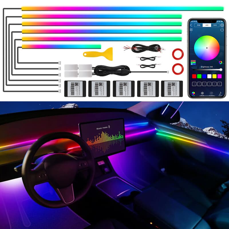 Dreamcolor LED-lichtstrip voor binnen in de auto, met draadloze app, RGB 14-in-1, 175 inch (593 cm) neonkleuren, auto-ambilightkits, LEDs met dynamische loopfunctie en muzieksync, lichtgevende glasvezelstrip voor auto