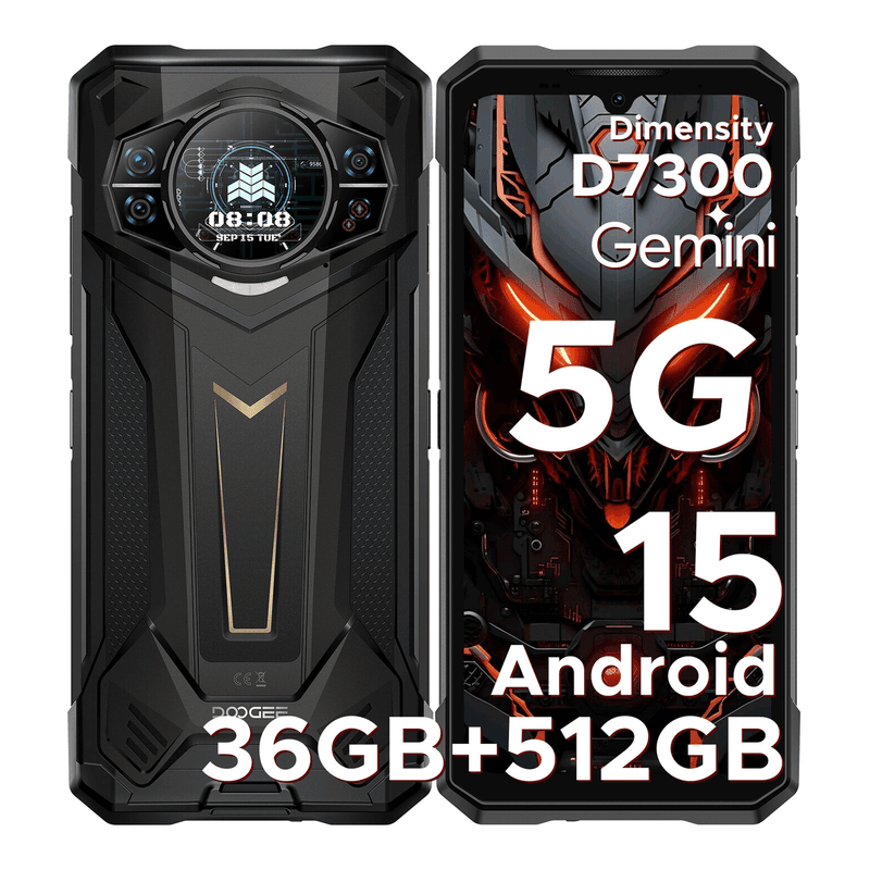 DOOGEE S200 Plus robuuste smartphone 5G, Dimensity 7300, 16 GB + 20 GB RAM + 512 GB opslag, met 1,32 inch dynamisch achterscherm, Android 15, 10100 mAh, 100 MP + 20 MP nachtzichtcamera, 6,72 inch, 120 Hz, NFC, Gemini AI