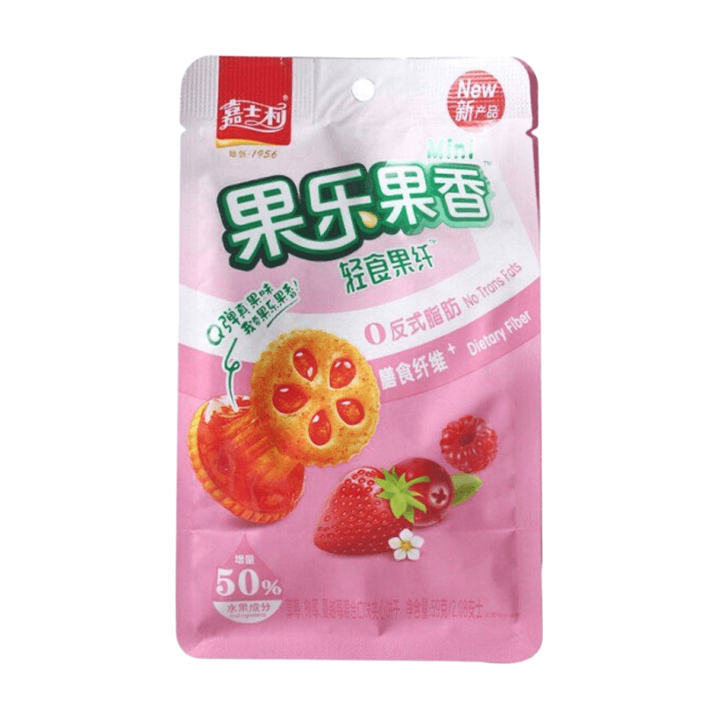 Jia Shi Li sandwichkoekjes met fruit, aardbei, cranberry en framboos (met zoetstof) 59 g
