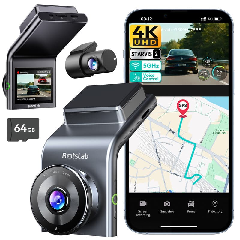 BOTSLAB G300H Plus 4K Dashcam Auto Voor en Achter met STARVIS 2-sensor | WDR Dual Channel Autocamera met 64GB SD-kaart, Spraakbesturing, 5GHz Wi-Fi, GPS, Super Nachtzicht